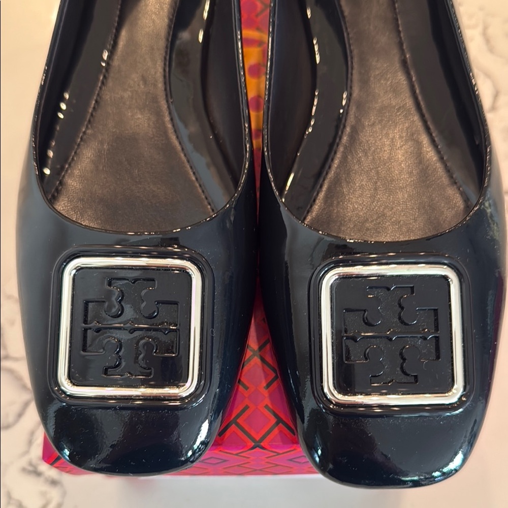 Tory Burch Black Patent Leather Flats-Navy